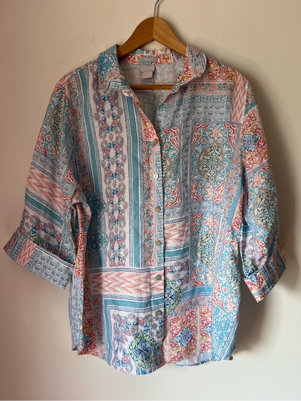 Chico's Non-Iron Linen Soft Teal & Coral Patchwork Print Shirt Spring Coastal